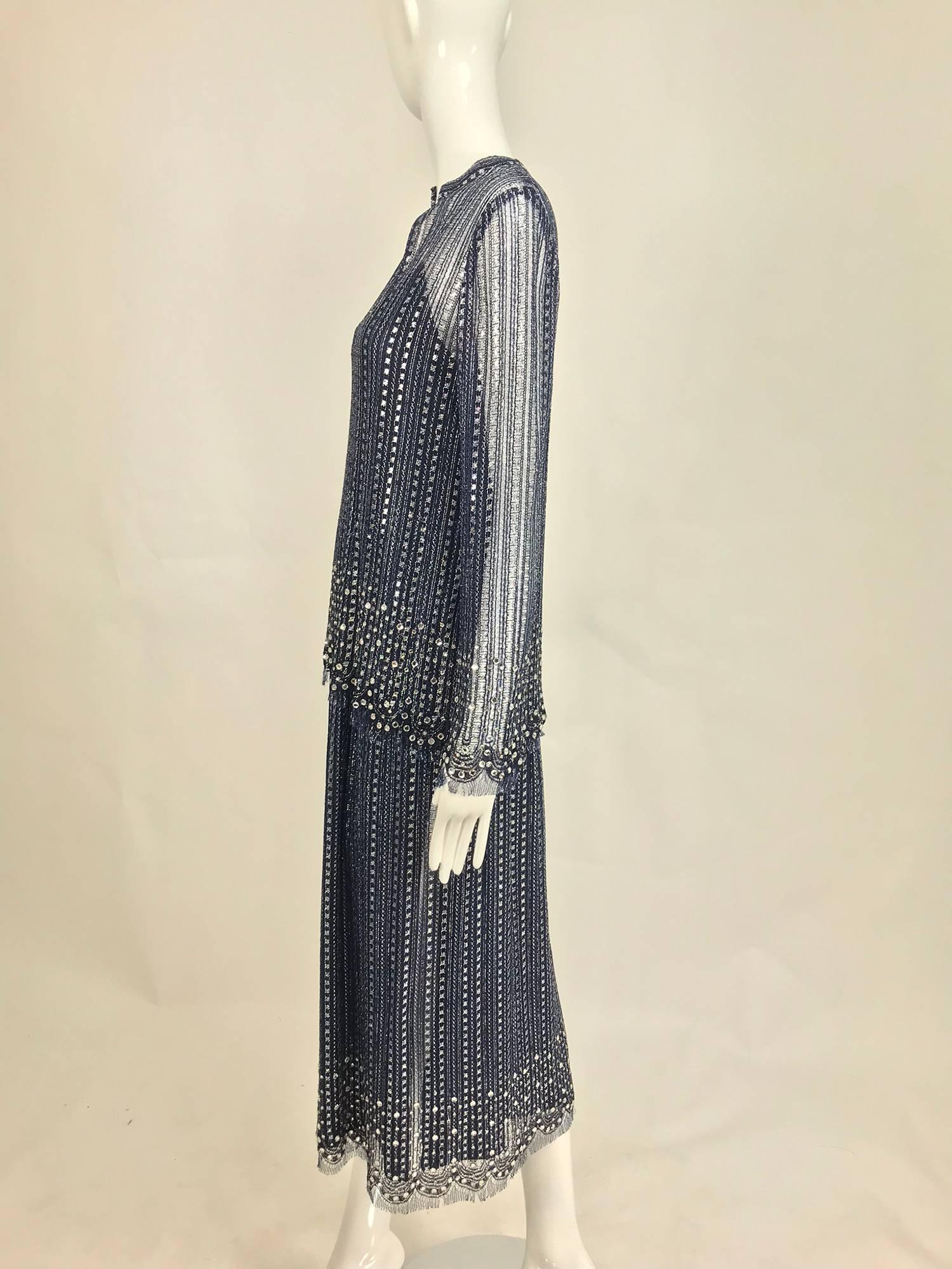 Vintage Mollie Parnis Silver and Inky Blue Rhinestone Dress 1970s For ...