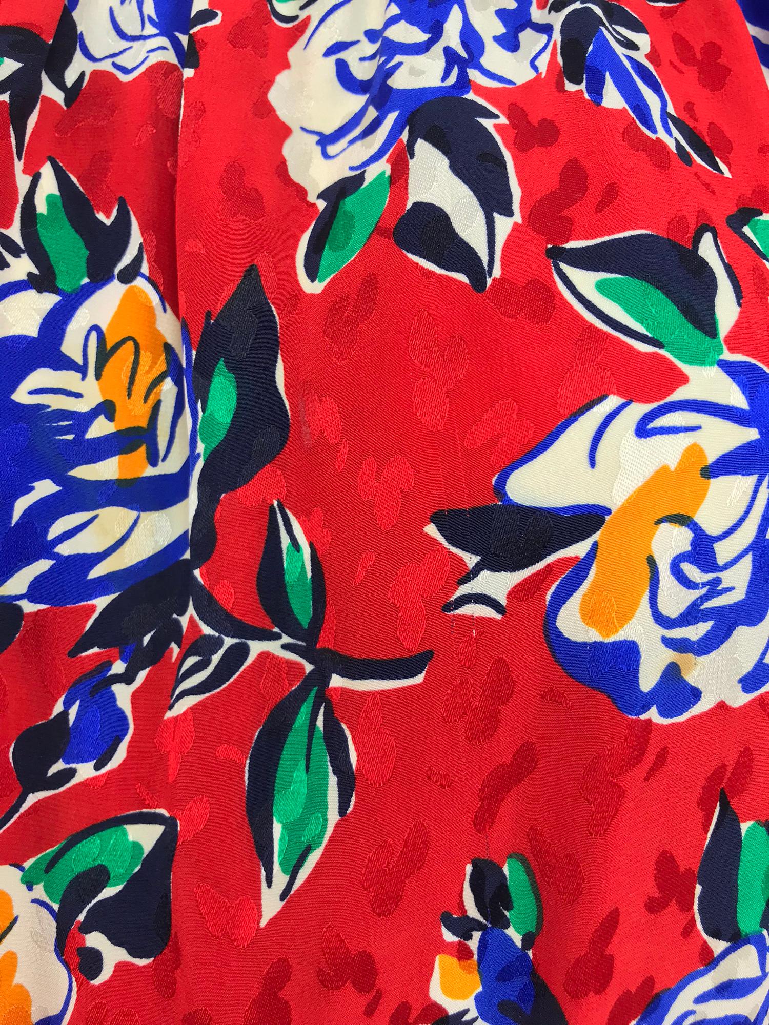 Yves Saint Laurent Red Floral Silk Jacquard Scoop Neck Dress 1990s 8