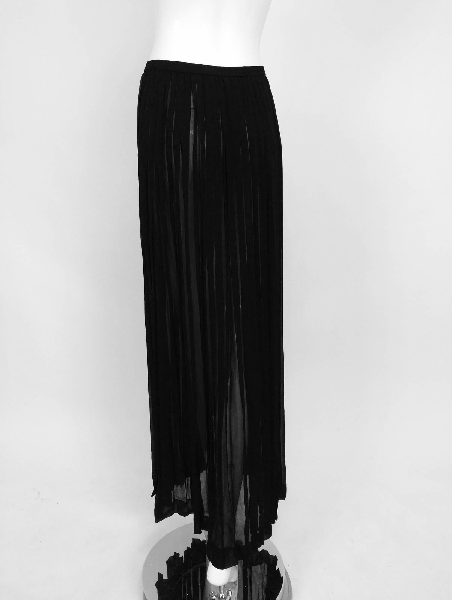 Yves Saint Laurent Black Silk Chiffon Knife Pleated Maxi Skirt Vintage 1970s 2
