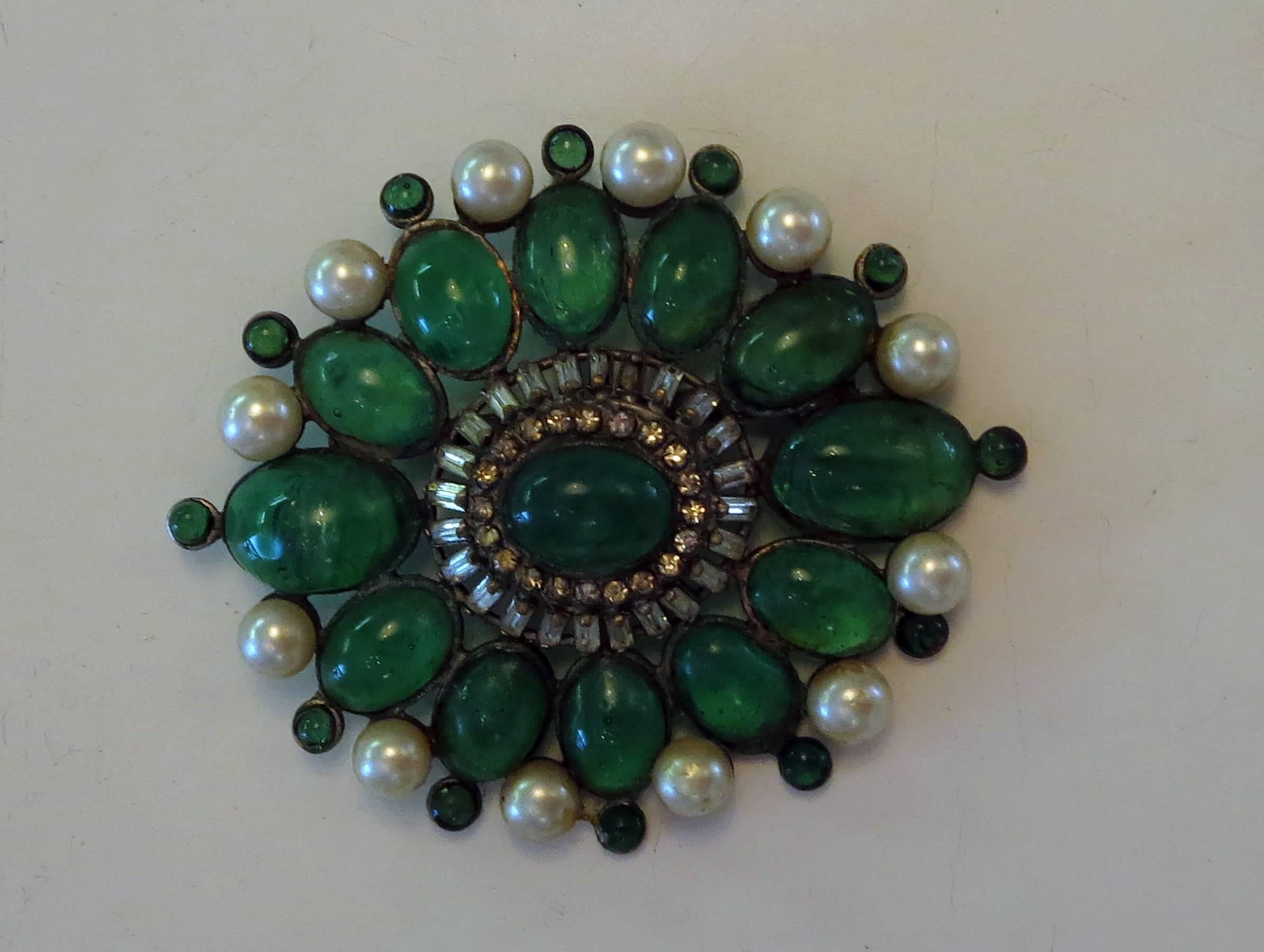 Baroque Revival Chanel rare early signed large Gripoix emerald brooch 1950s