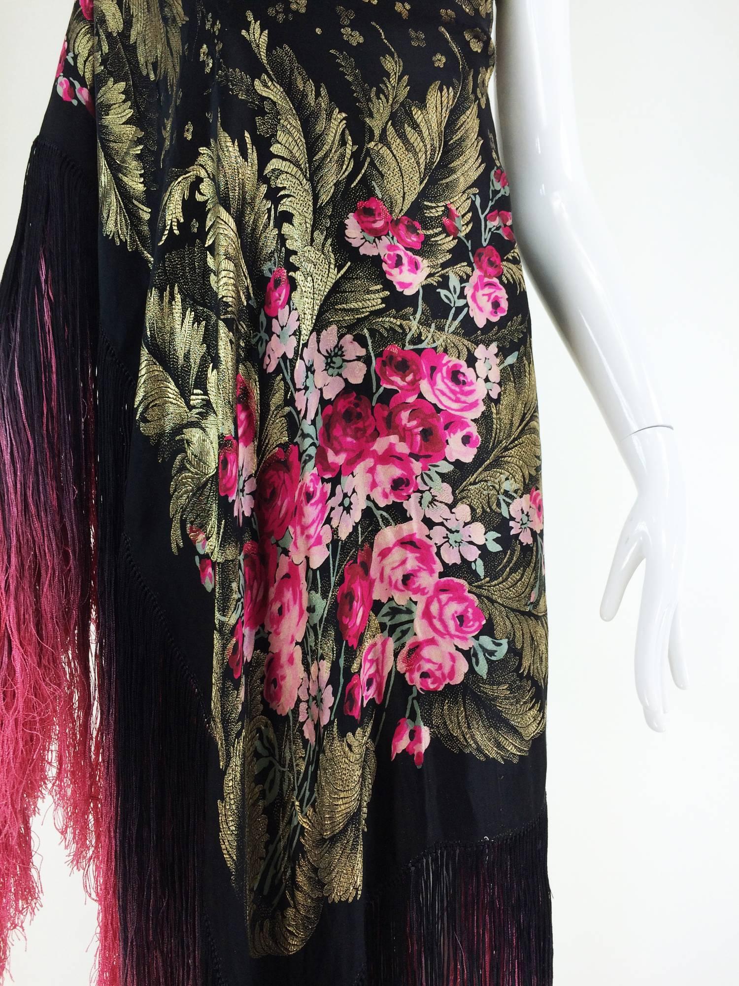 Magnificent gold lame with rose bouquets silk shawl with ombred fringe 1920s  5