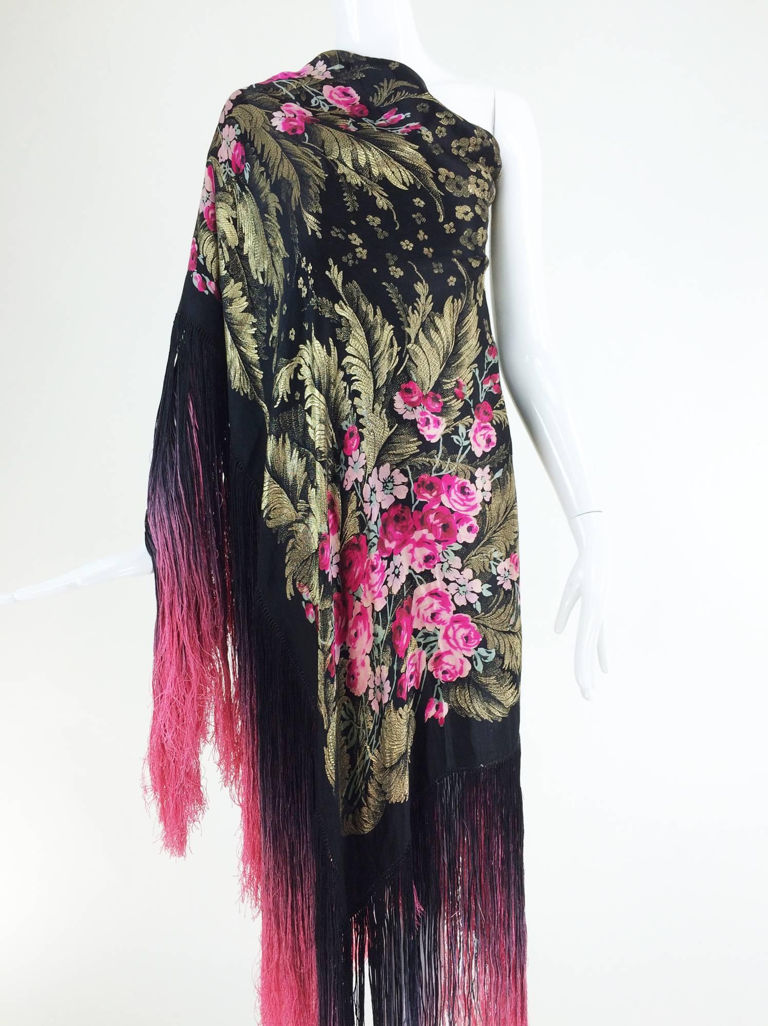 Magnificent gold lame with rose bouquets silk shawl with ombred fringe 1920s  3