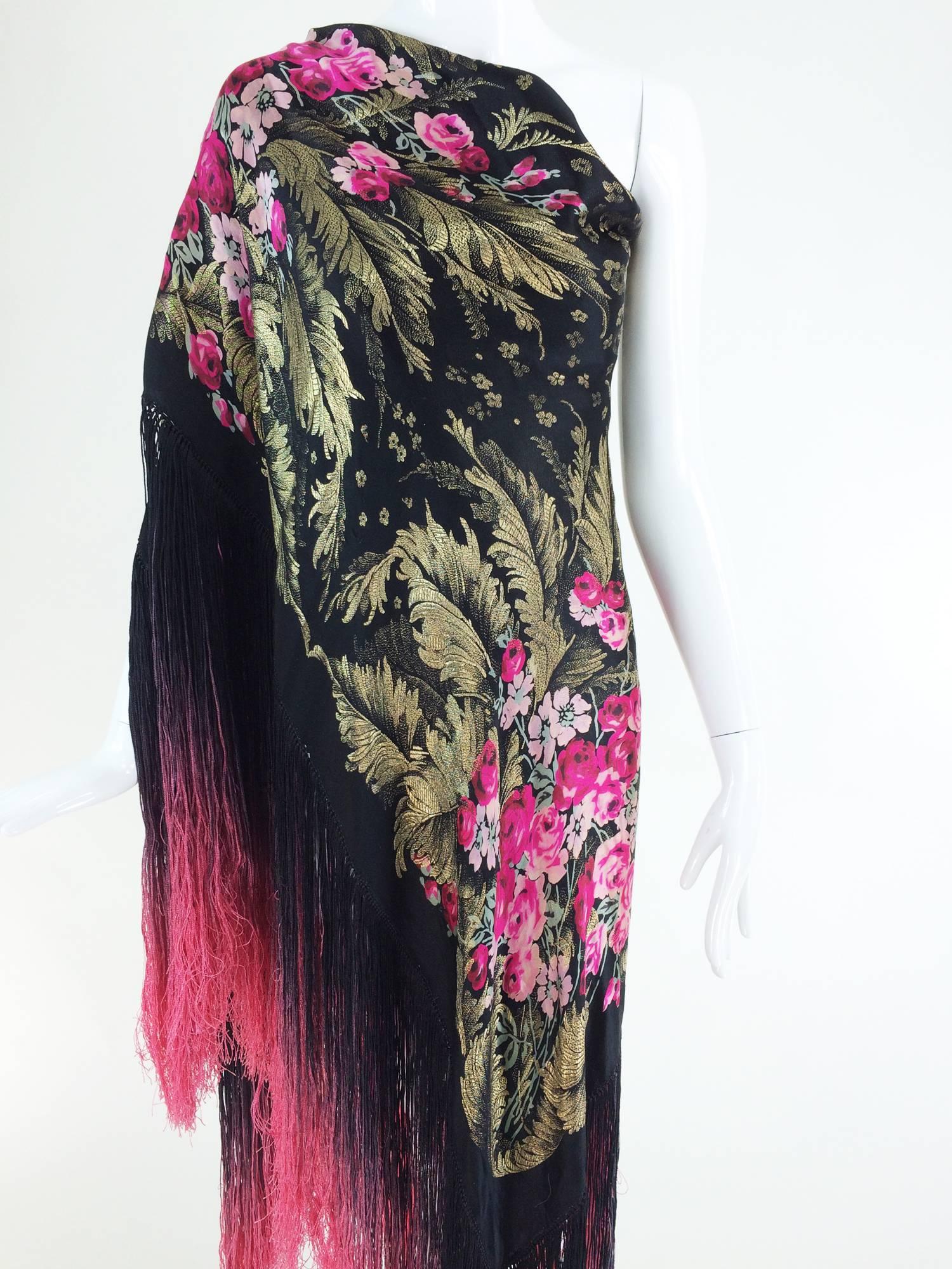 Magnificent gold lame with rose bouquets silk shawl with ombred fringe 1920s  4