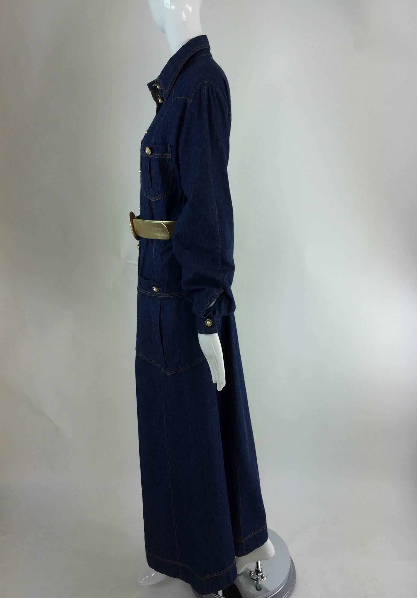 Moschino Couture denim maxi dress with pearl & rhinestone buttons In Excellent Condition In West Palm Beach, FL
