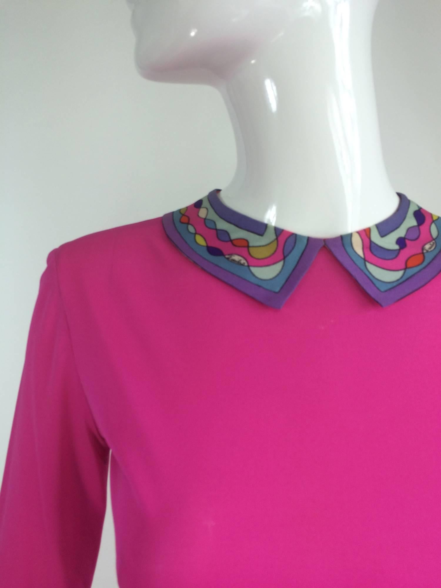 Pucci Mod silk knit dress in hot pink & classic print 1960s...Silk jersey dress has a narrow patterned collar that pops against the hot pink bodice, which is fitted through the bodice to the hip top, long tapered sleeves...The skirt has a banded hip