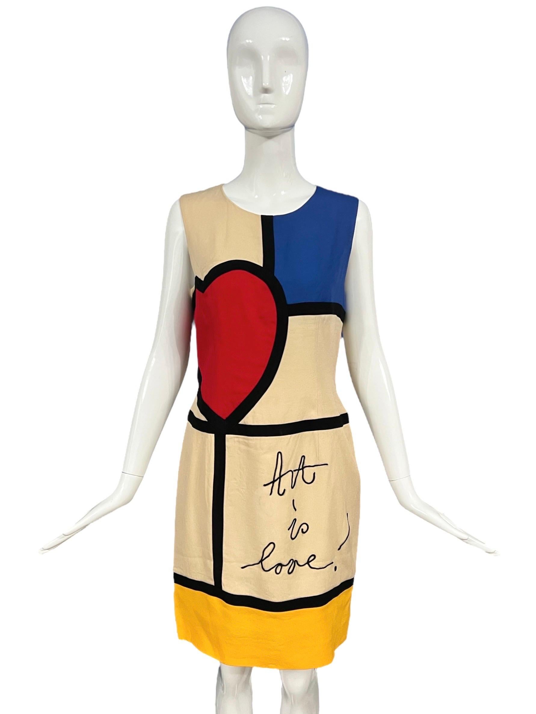 Moschino Cheap and Chic “Art Is Love” dress from Spring Summer 1993. This dress features a color block design that honors the Yves Saint Laurent Mondrian Dress. 

Size: US size 12.

Condition: Good condition. Wear consistent with age and use