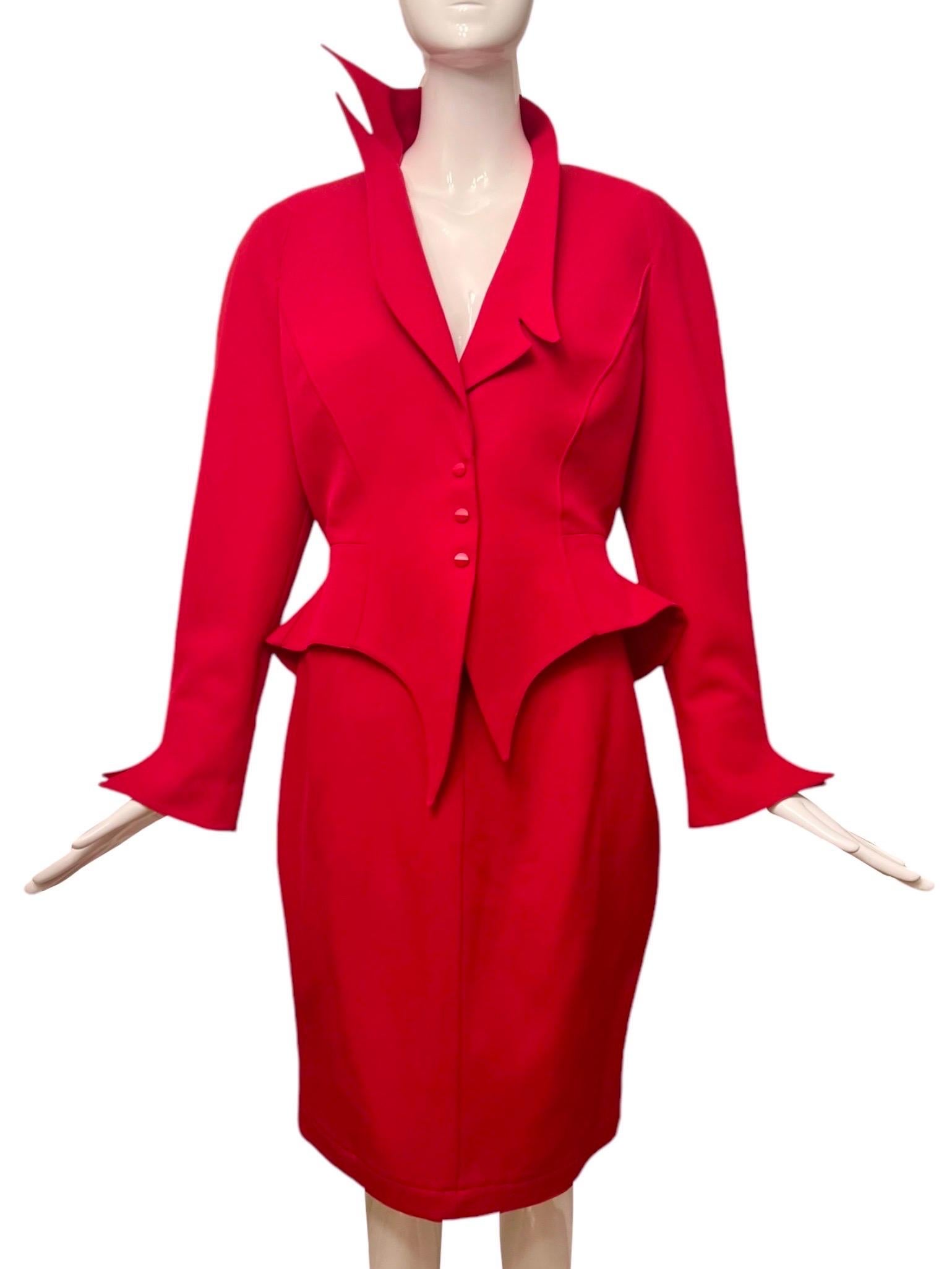 F/W 1988 Thierry Mugler Flaming Red Les Infernales Iconic Skirt Suit For Sale 1
