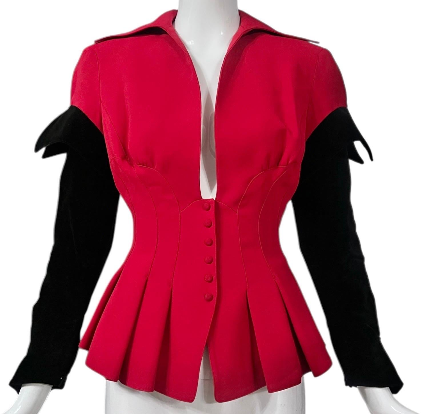 F/W 1993 Thierry Mugler Strukturierte Jacke aus rotem Schößchen-Samt (Rot) im Angebot
