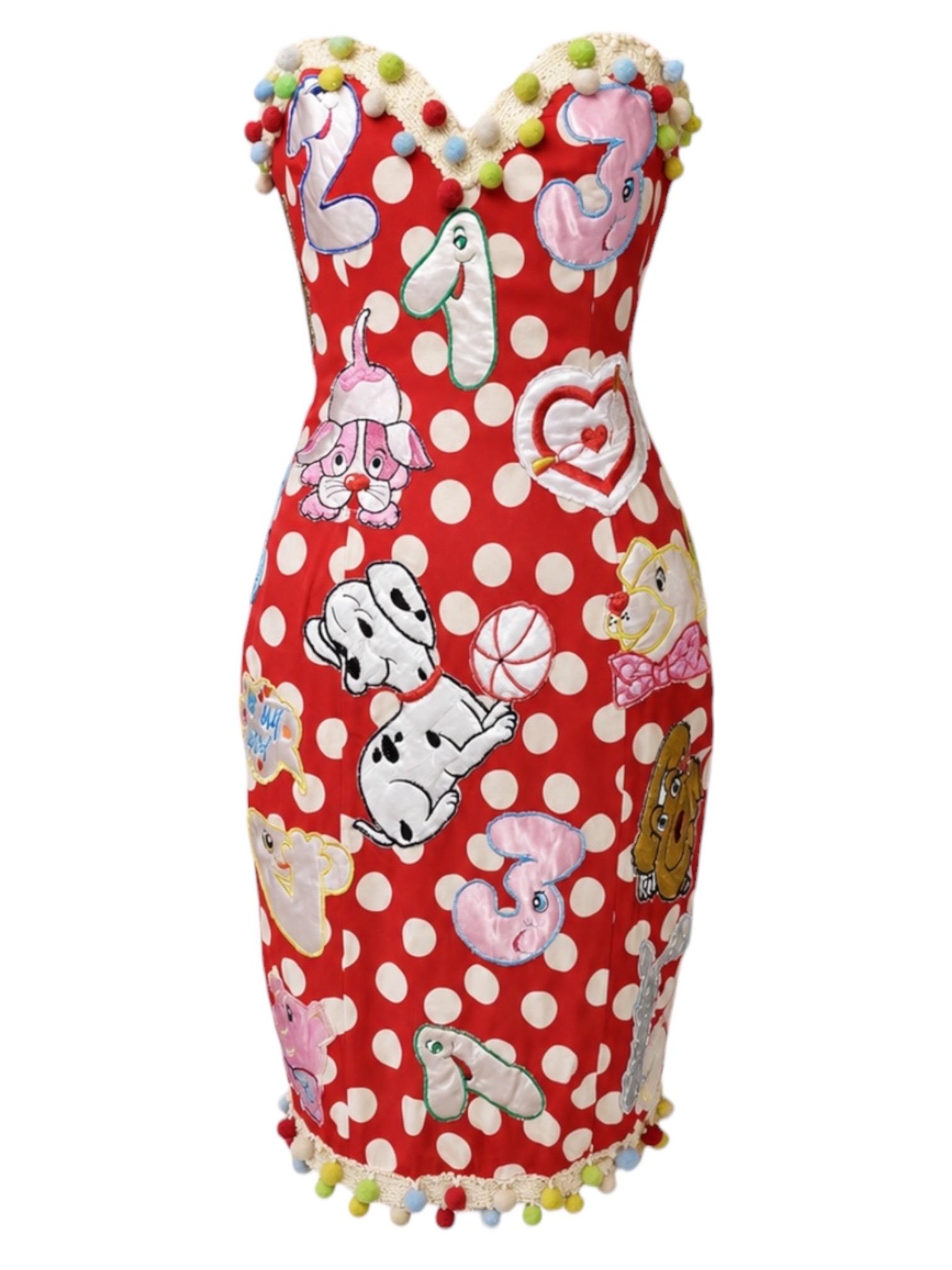 1988 Moschino "Kiss My Patch" Vestido de lunares sin tirantes bordado