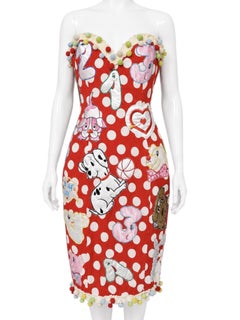 1988 Moschino "Kiss My Patch" Embroidered Strapless Polka Dot Dress