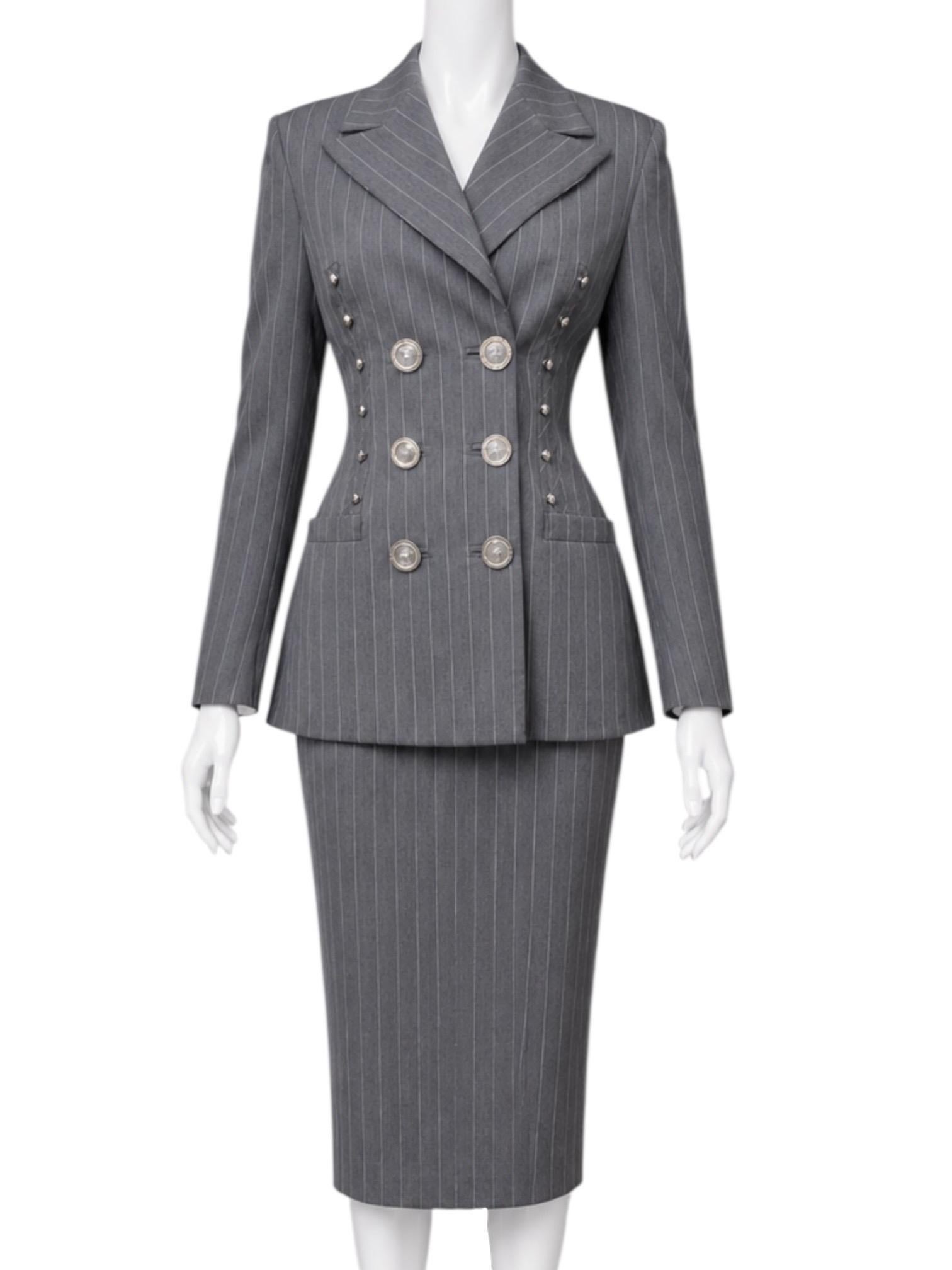 S/S 1995 Gianni Versace Runway Gray Pinstripe Medusa Medallion Skirt Suit