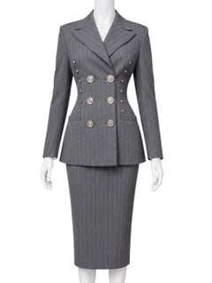S/S 1995 Gianni Versace Runway Gray Pinstripe Medusa Medallion Skirt Suit
