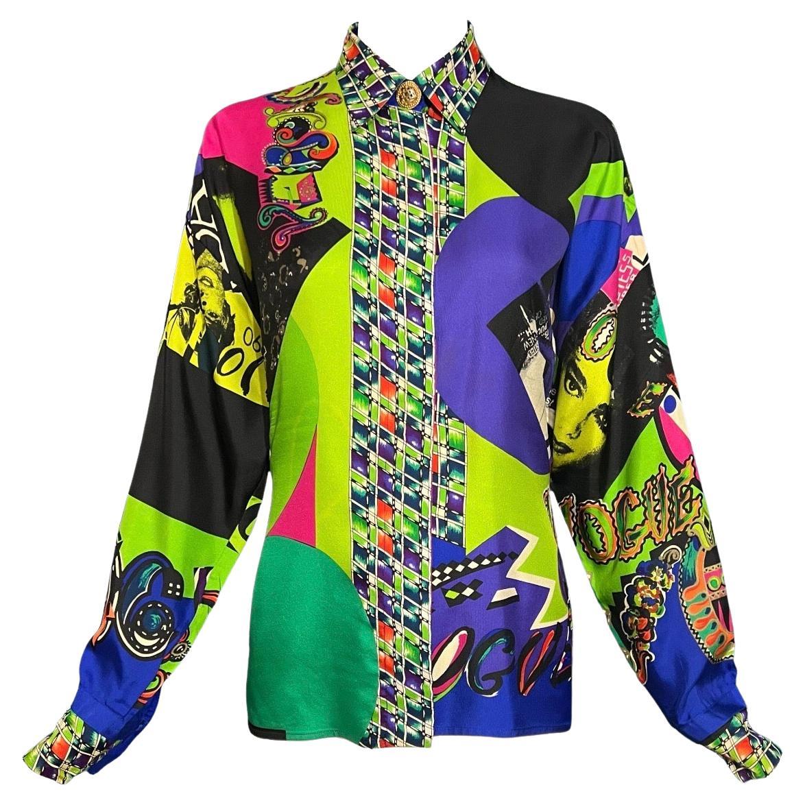 F/S 1991 Gianni Versace Vogue Pop Art bedrucktes Seidenhemd mit Pop-Art-Druck im Angebot