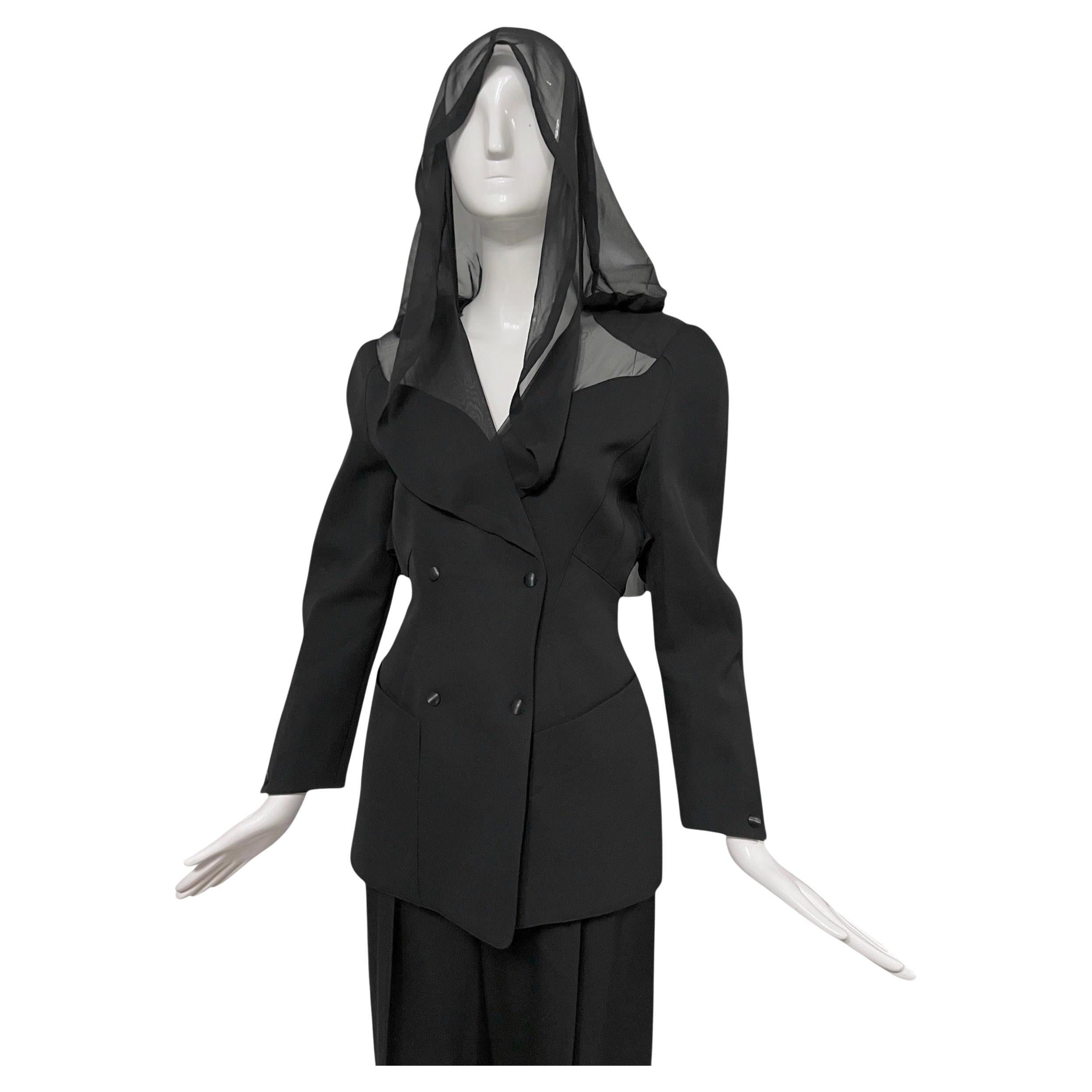F/W 1991 Thierry Mugler Black Sheer Hooded Vintage Pantsuit