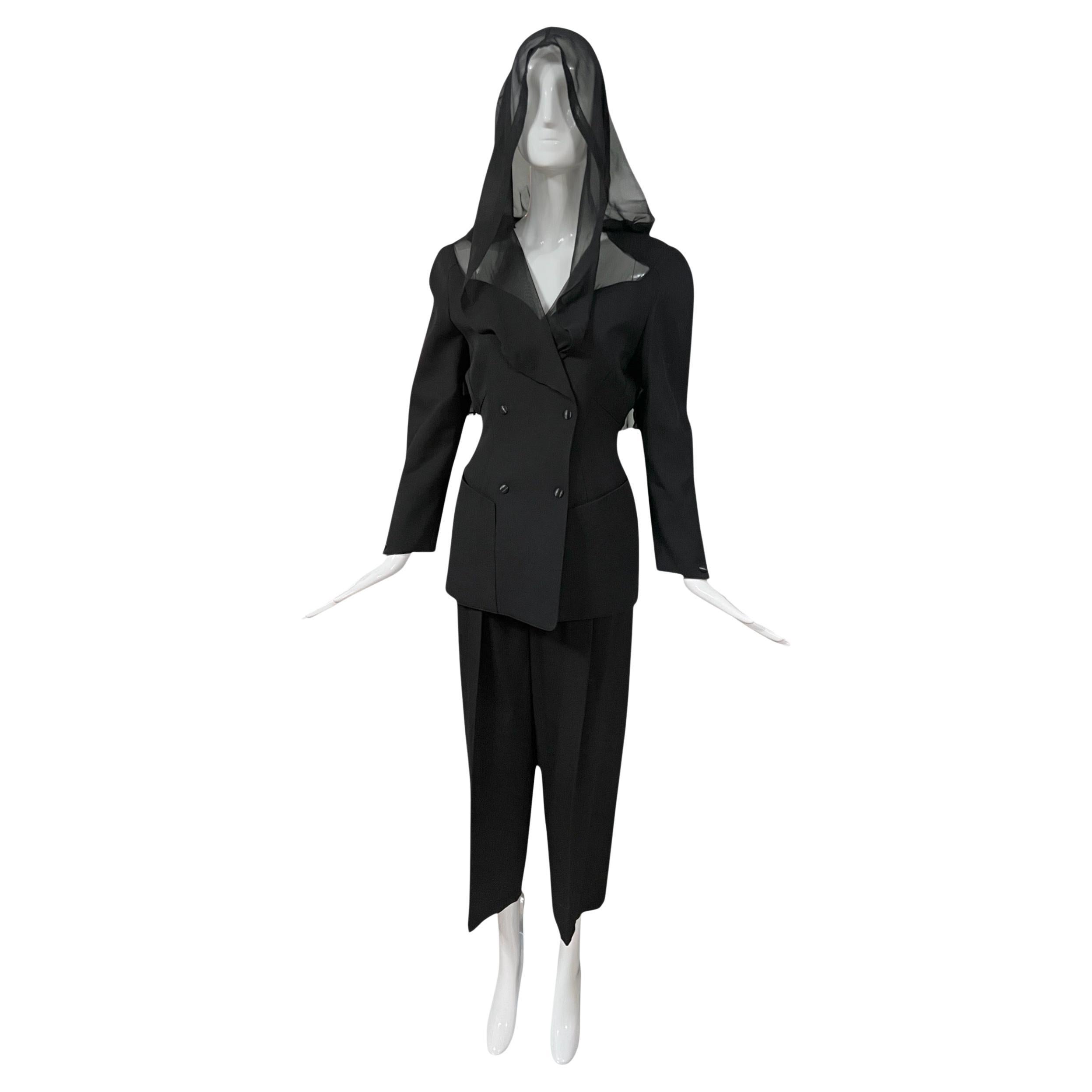 F/W 1991 Thierry Mugler Black Sheer Hooded Vintage Pantsuit