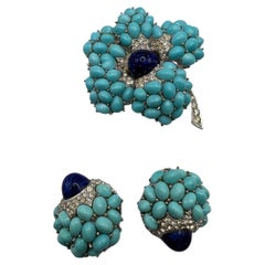 Vintage Boucher  Turquoise Cabochons Brooch and  Clip-on Earrings Set, 1960s