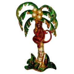 Vintage Coro Enamel Monkey on a Palm Tree Brooch, 1940s