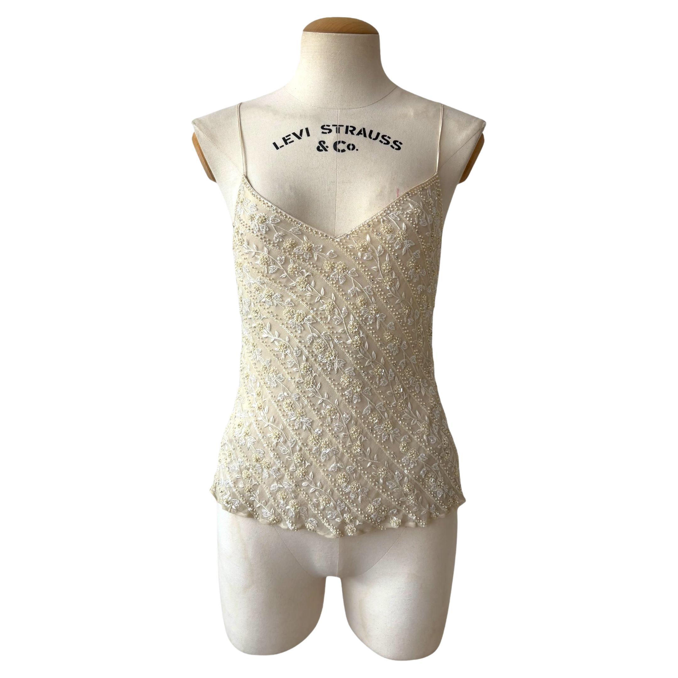 Top de seda con cuentas color crema Ralph Lauren, 1998 en venta