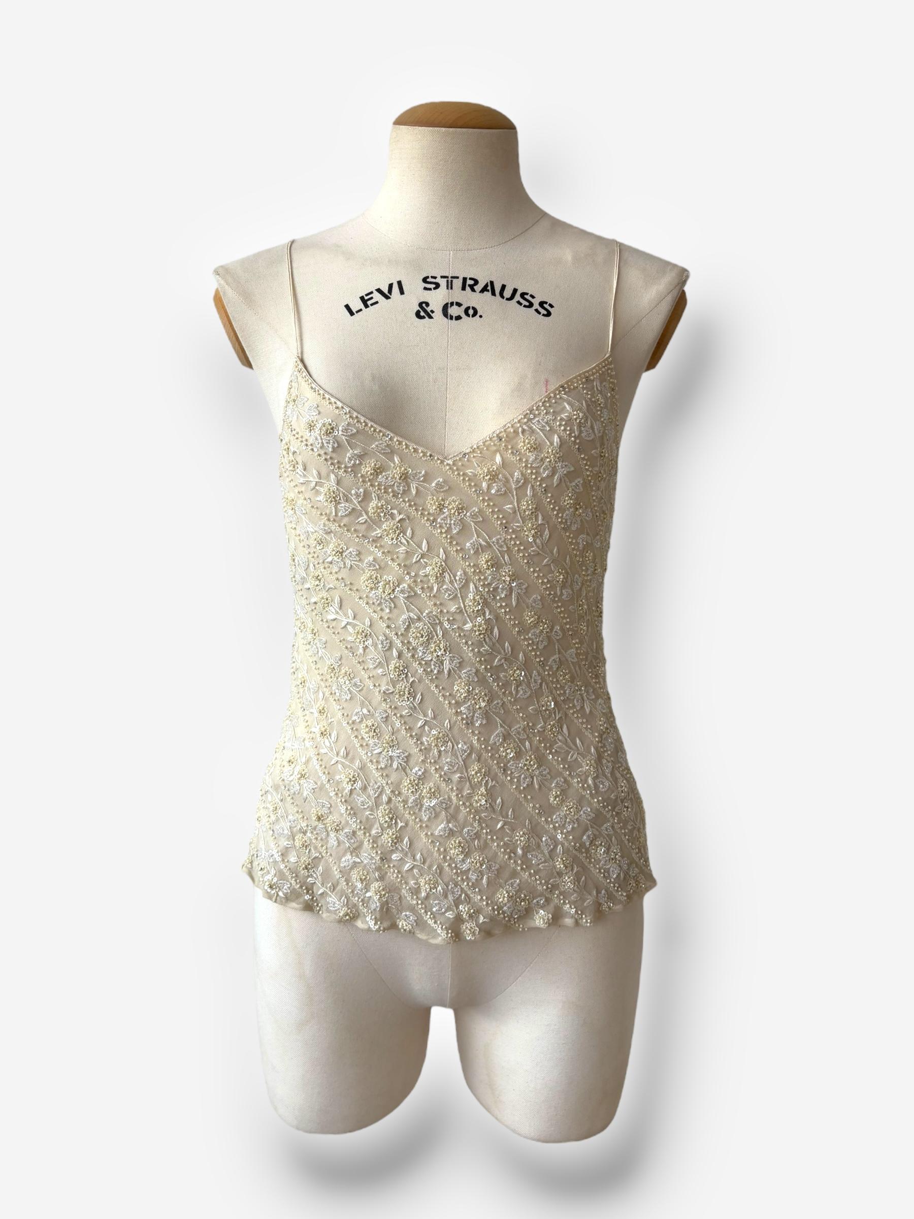 Top de seda con cuentas color crema Ralph Lauren, 1998 Marrón en venta