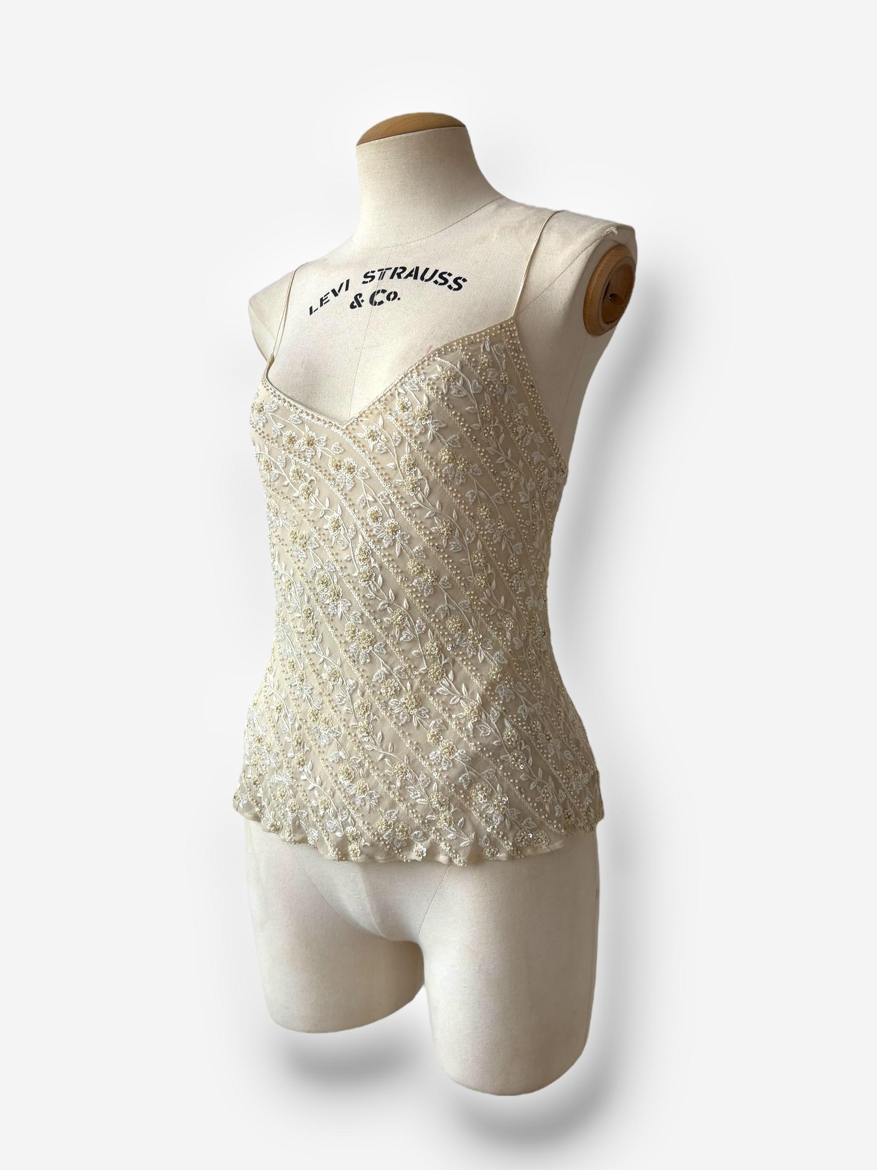 Top de seda con cuentas color crema Ralph Lauren, 1998 en venta 2