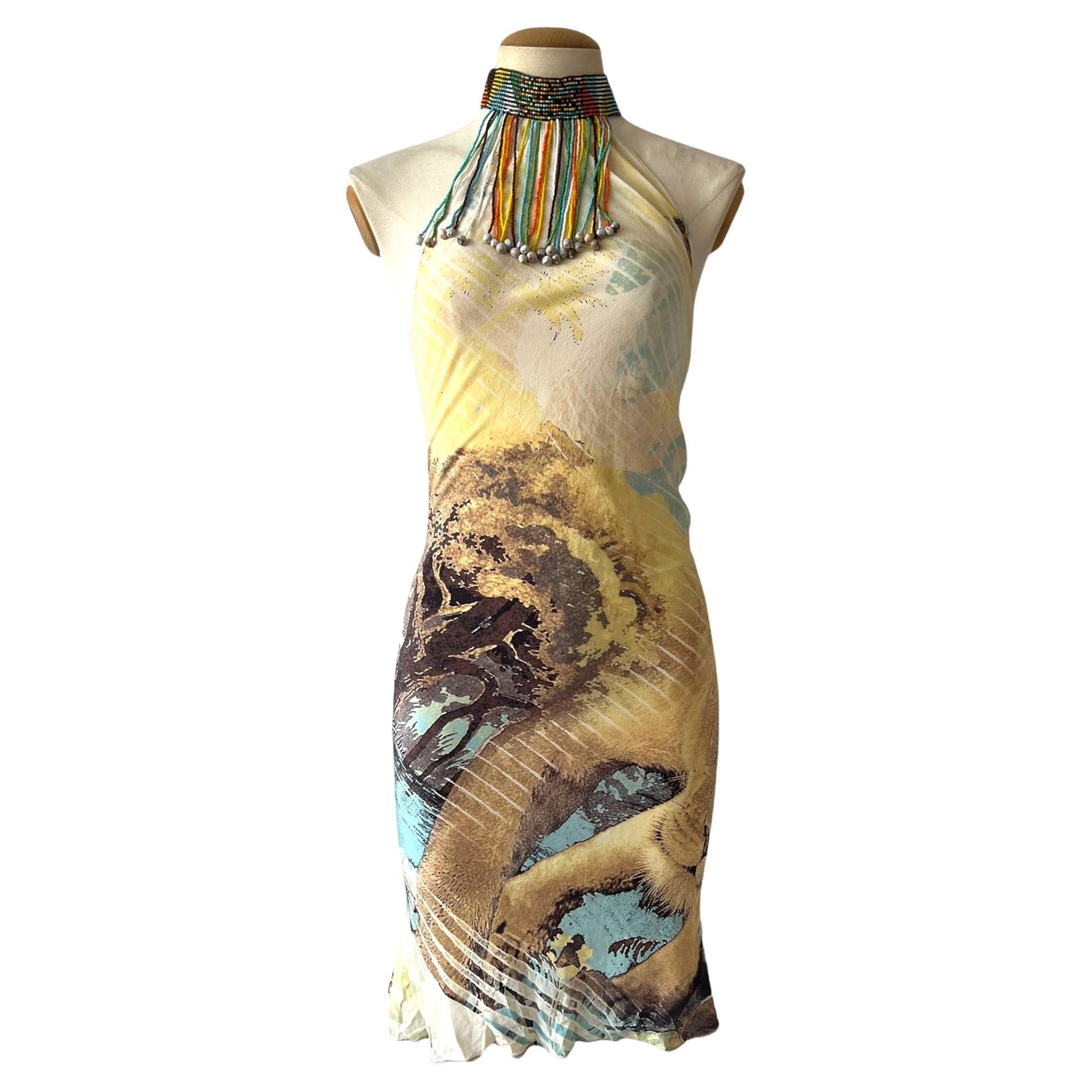Robe dos nu à imprimé lion de Roberto Cavalli, printemps/été 2002 en vente