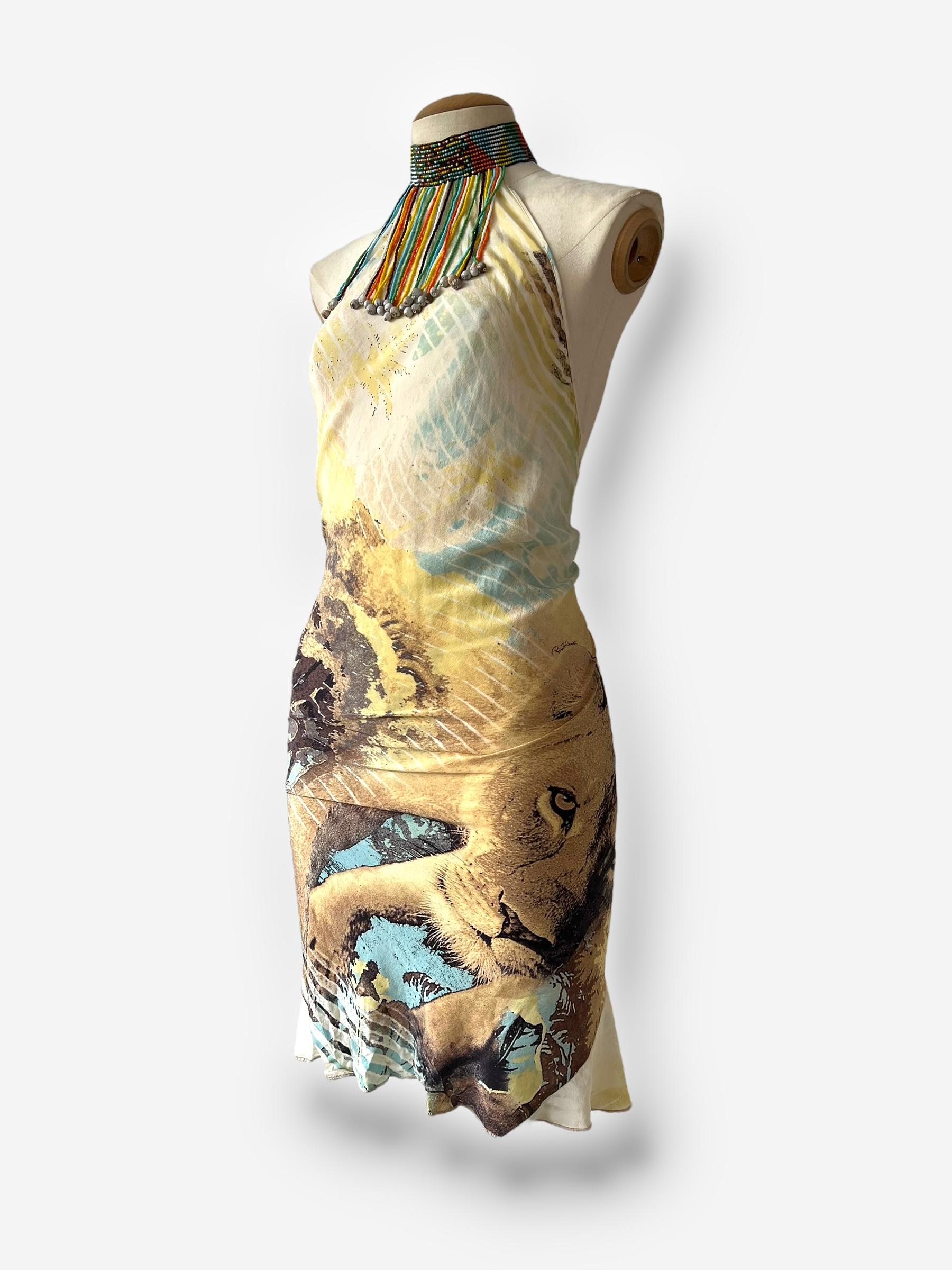 Marron Robe dos nu à imprimé lion de Roberto Cavalli, printemps/été 2002 en vente