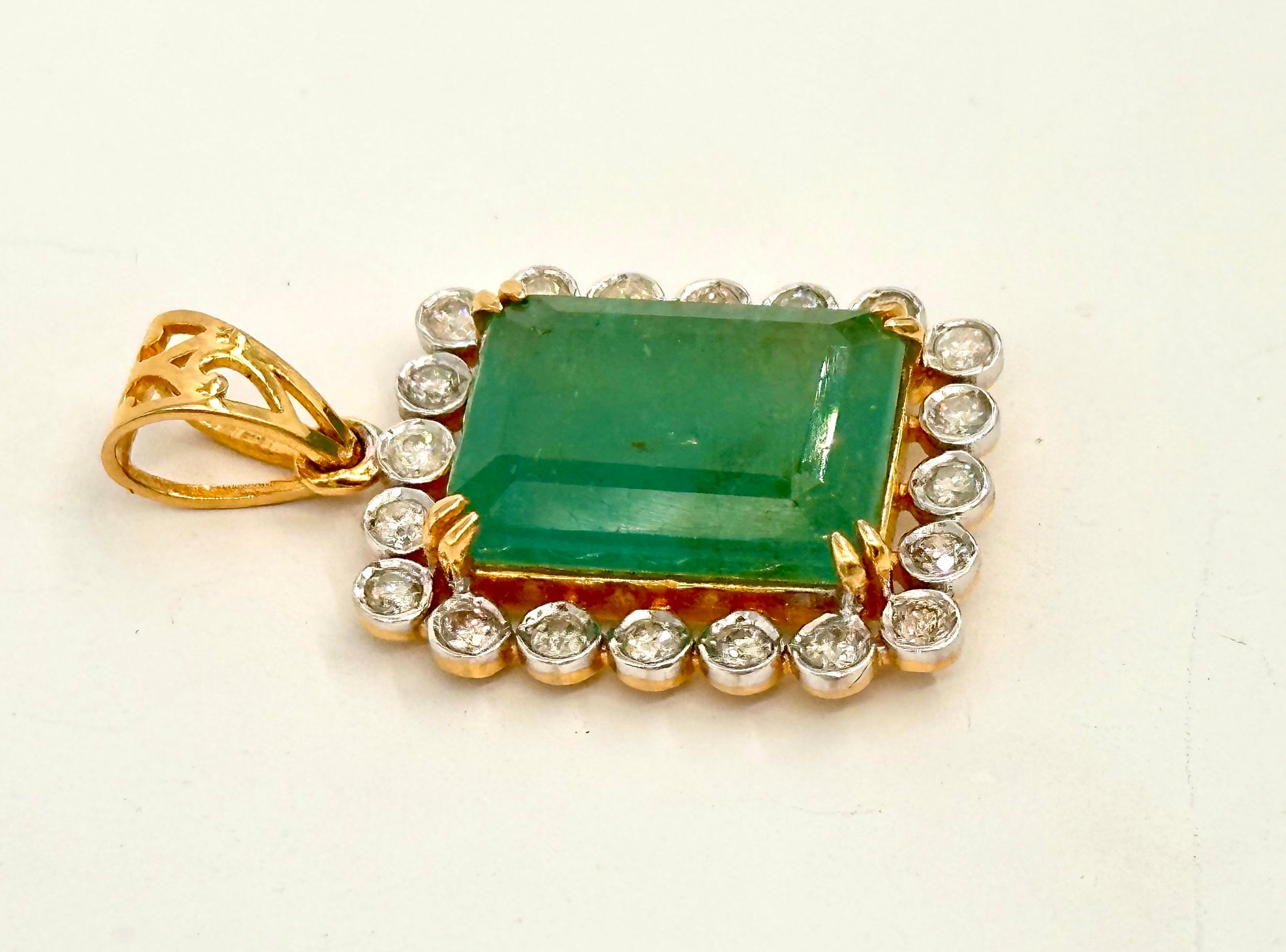 Art Nouveau IGI Certified Natural Diamond Emerald Pendant Hallmark 18K Gold Emerald Pendant For Sale