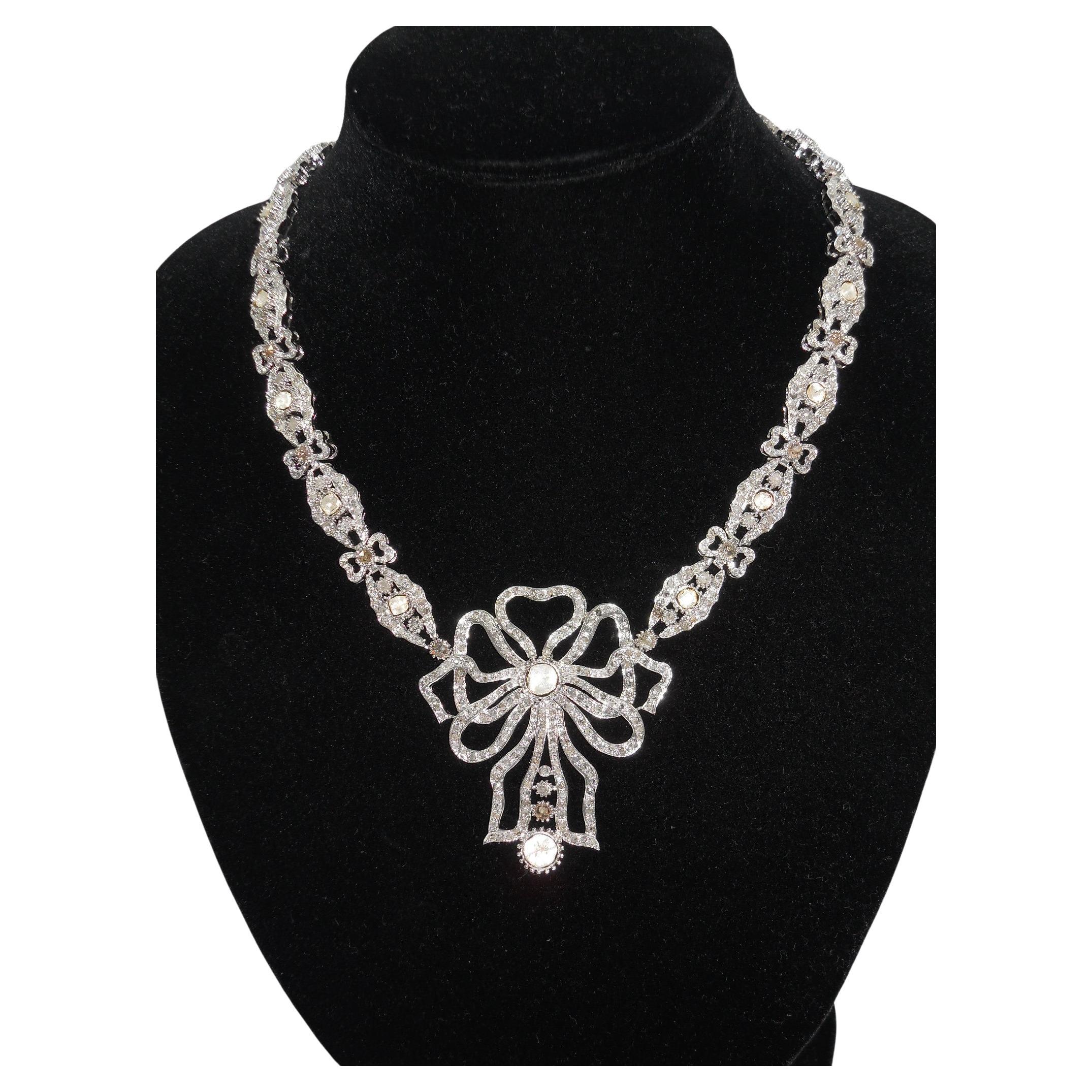 Art Nouveau Certified Natural Uncut rose cut Diamonds 18K white gold ribbon bow necklace For Sale
