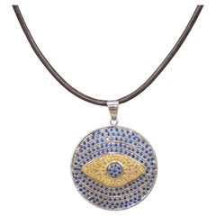 Natural pave diamonds blue sapphire sterling silver evil eye pendant necklace
