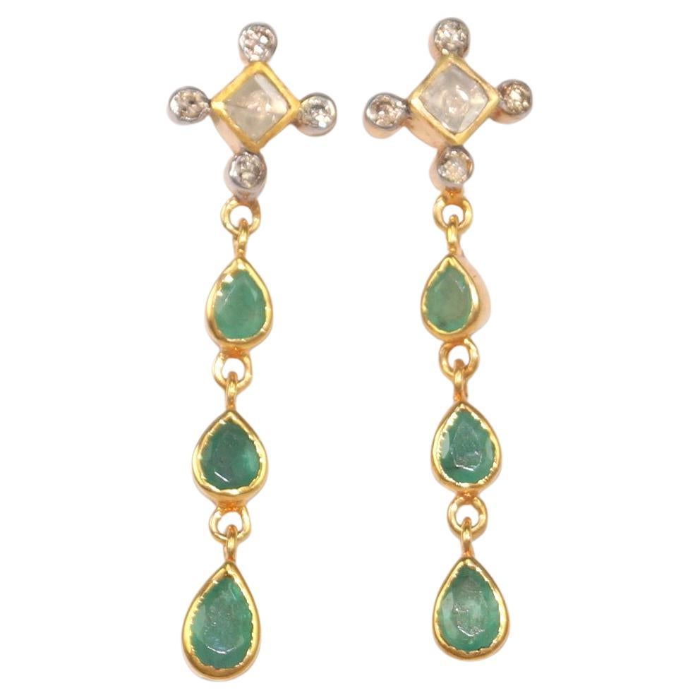 Natural Diamonds Natural emeralds 18k gold plated silver long earrings For Sale