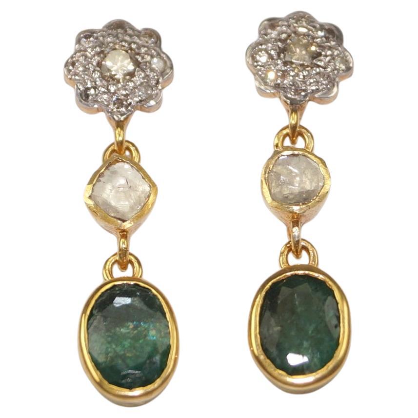 Brilliant cut diamonds uncut diamond emeralds 18k gold plated silver earrings