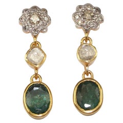 Brilliant cut diamonds uncut diamond emeralds 18k gold plated silver earrings