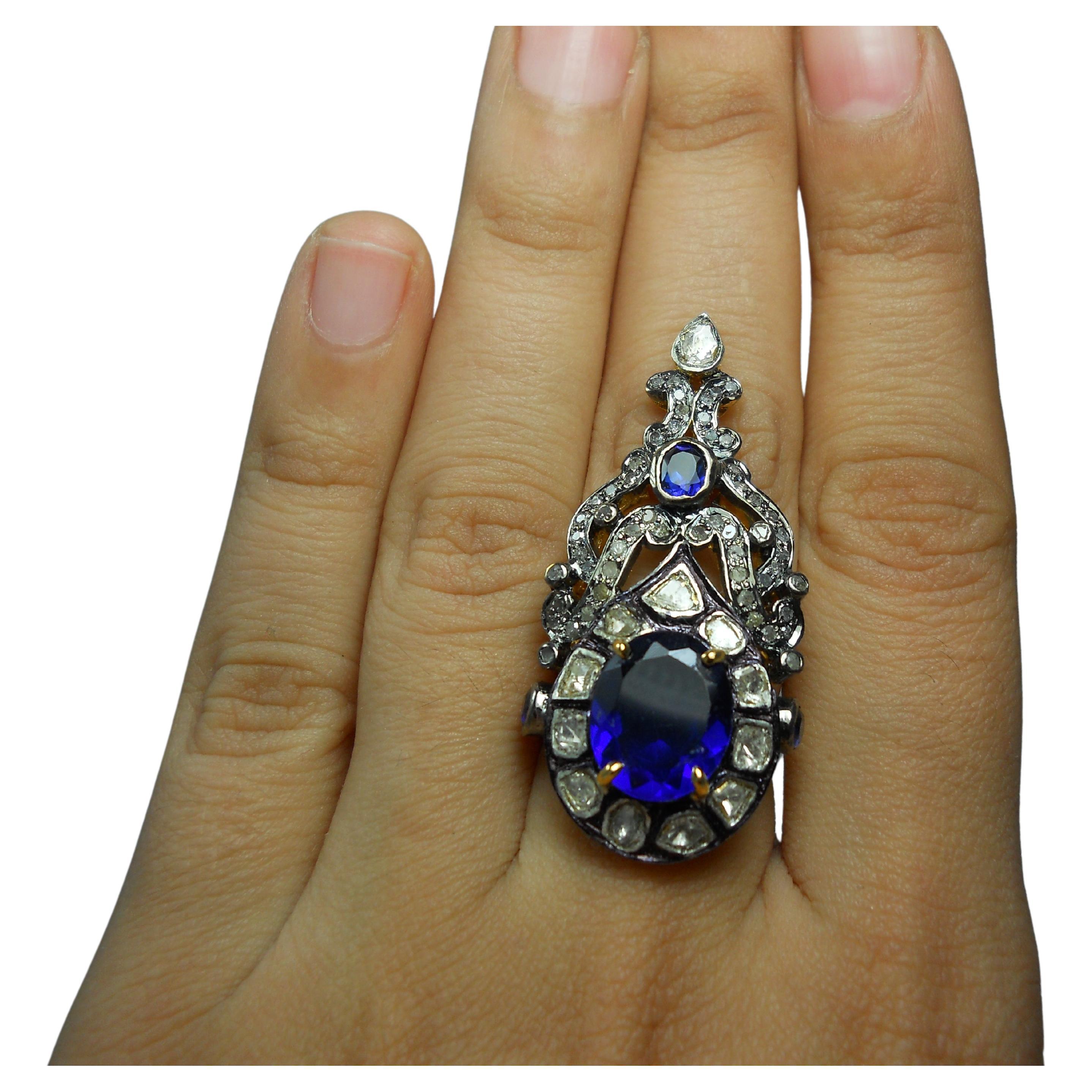 IGI Certificado Diamante talla rosa natural en bruto plata de ley zafiro azul Anillo