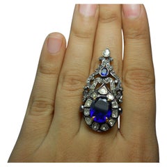 Anello con zaffiro blu in argento 925 certificato IGI Nature taglio rosa non tagliato con diamante