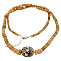 Natural uncut rose cut diamond bead orange opal sterling silver necklace