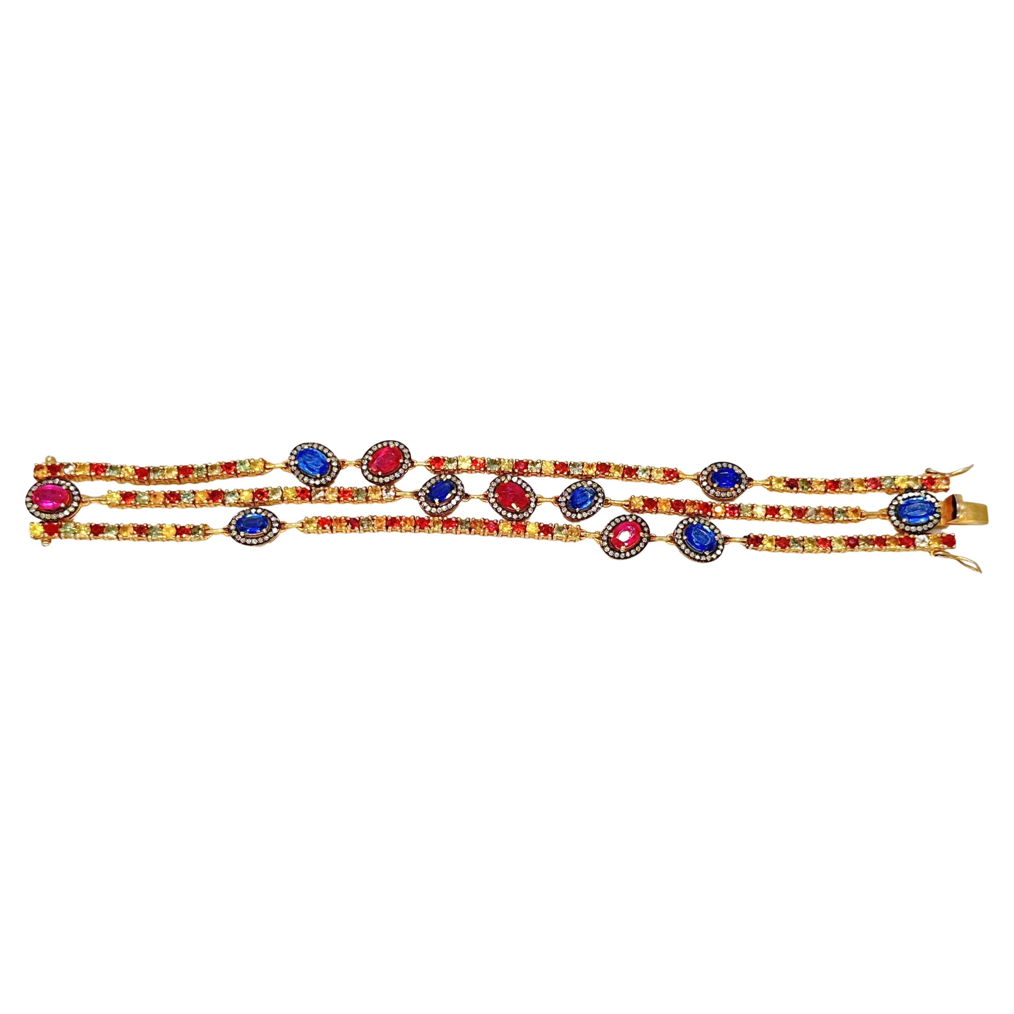 Contemporary Three-Line Gold Silver Bracelet with diamonds, Sapphires, Rubies, and Emeralds For Sale