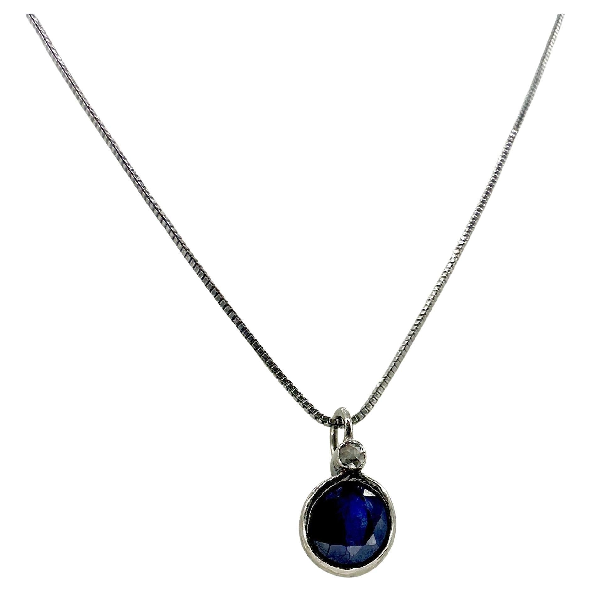Natural sapphire pave diamond silver drop pendant sterling silver necklace For Sale