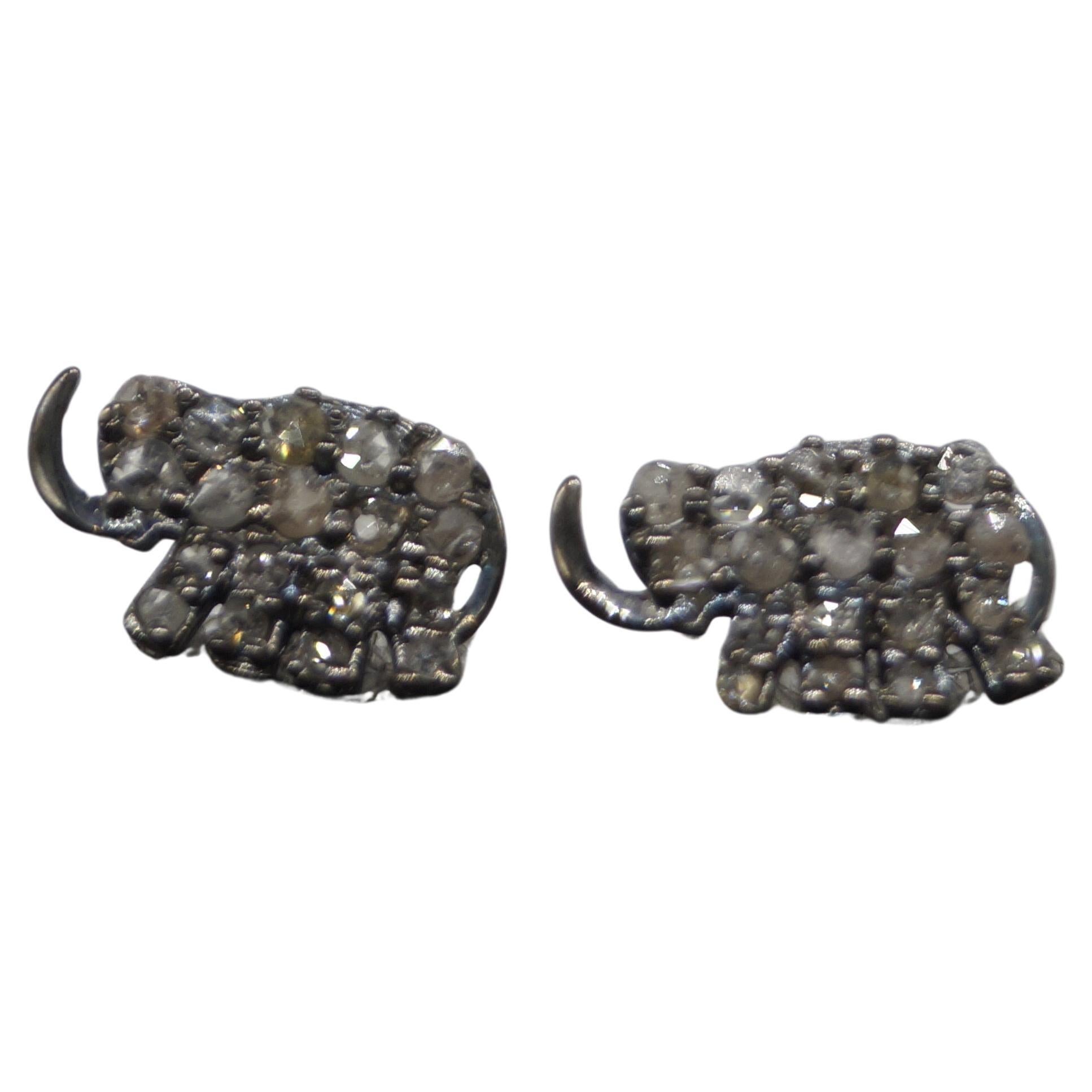 Vintage Natural diamonds salt and pepper elephant sterling silver earrings studs For Sale