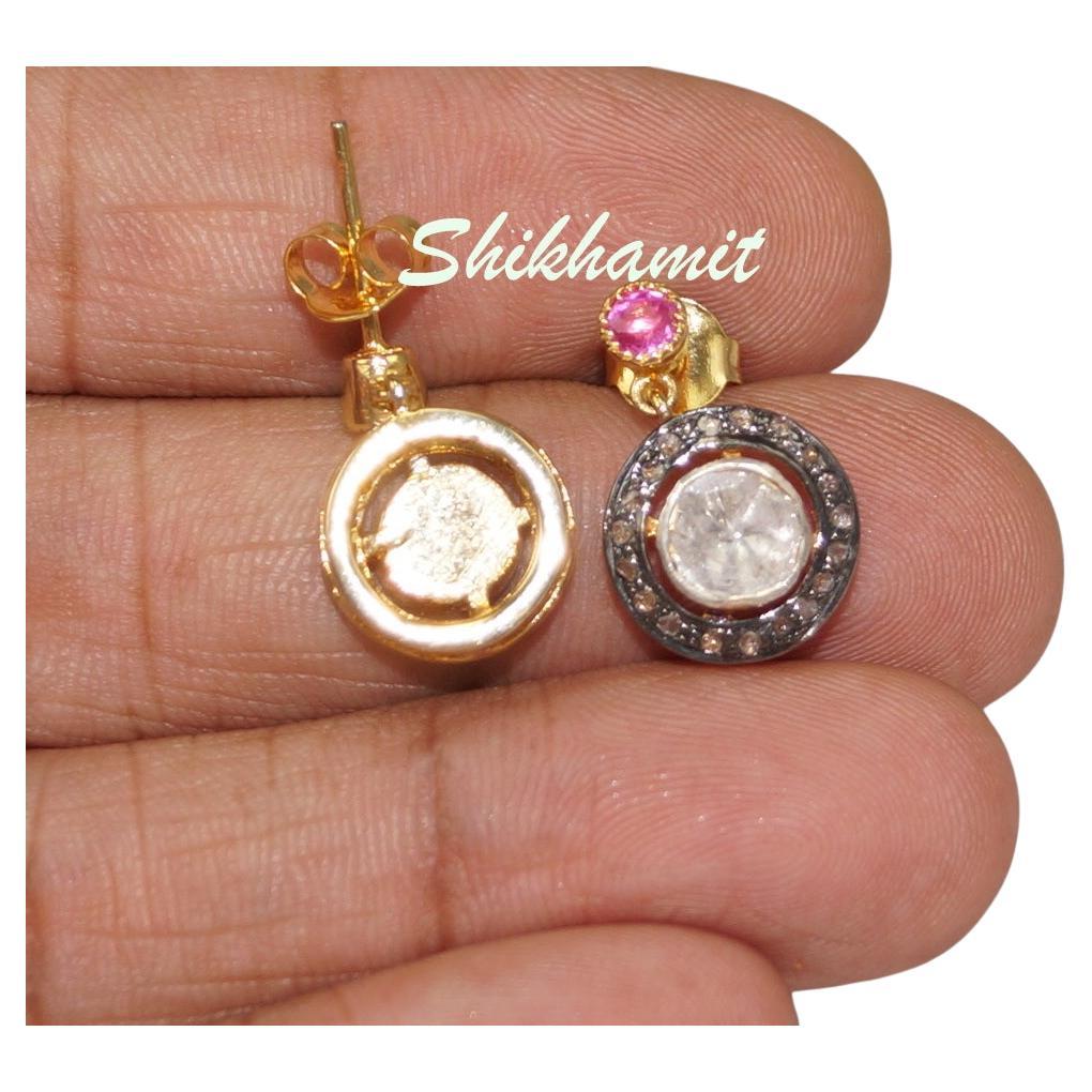 Pendientes redondos de plata de ley con diamantes en bruto auténticos naturales certificados en venta