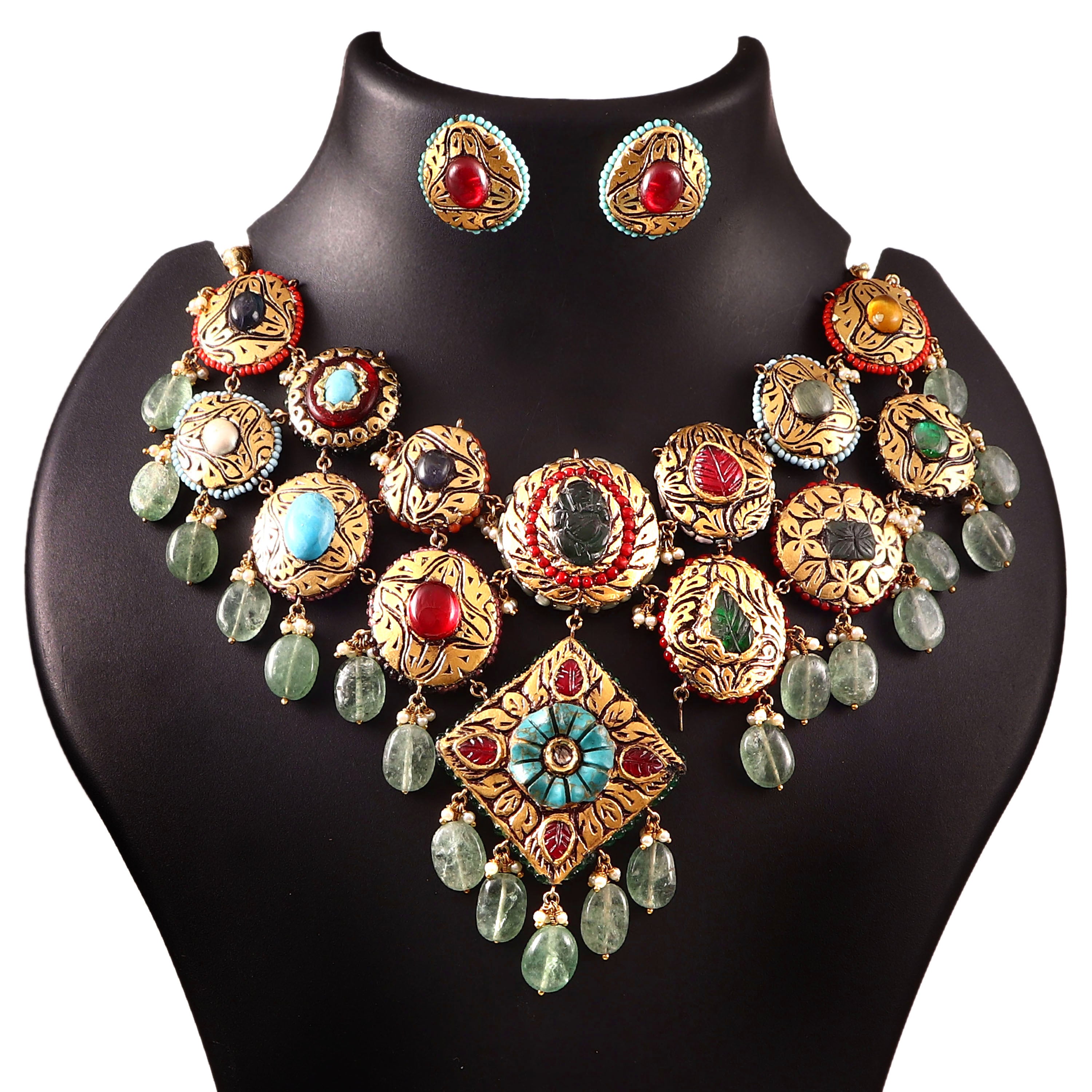Ensemble collier ras-du-cou « Royal Couture » avec diamants naturels, pierres précieuses « navratna » et feuille d'or
