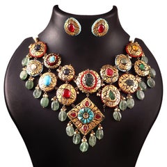 Royal couture Natural Diamond navratna gemstones gold foil choker necklace set