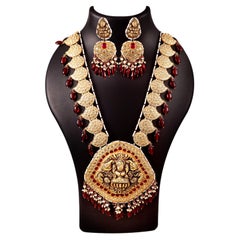 Royal couture polki Diamonds gemstones pearl gold foil goddess long necklace set