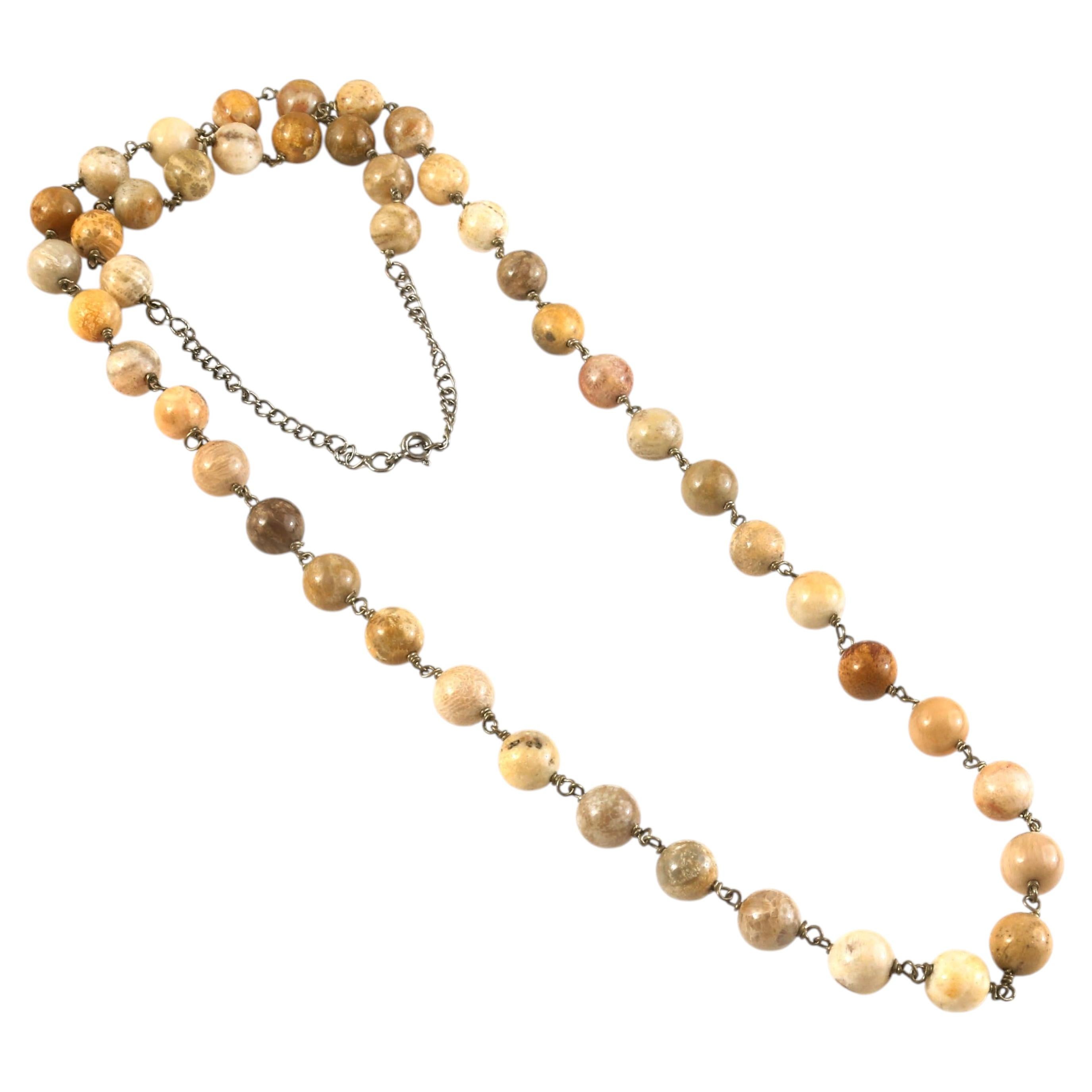 Certified Natural fossil coral beads hand linked in silver 28.5" inches necklace