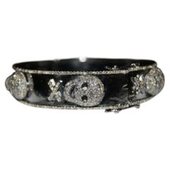 Boho Natural Pave diamonds oxidized silver skull hinged bracelet