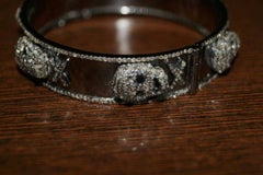 Boho Natural Pave diamonds oxidized silver skull hinged bracelet