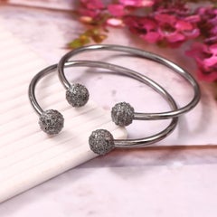 Retro diamond bead ball oxidized silver open handcuff bracelet