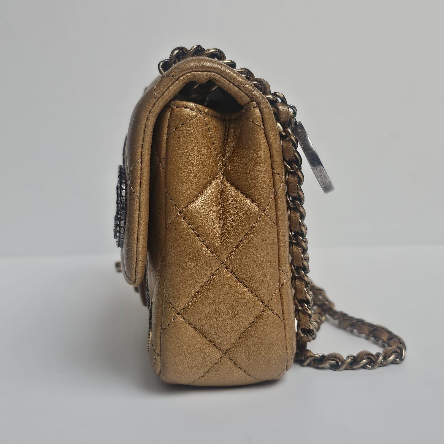 Marrone Raro medaglione di monete in pelle di vitello invecchiata Mini Classic Flap Bag in vendita