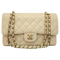 Borsa vintage anni '90 in pelle di caviale color crema con doppia patta classica media