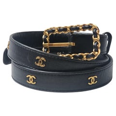 Vintage 1996 Chanel Black Lambskin CC Thin Belt