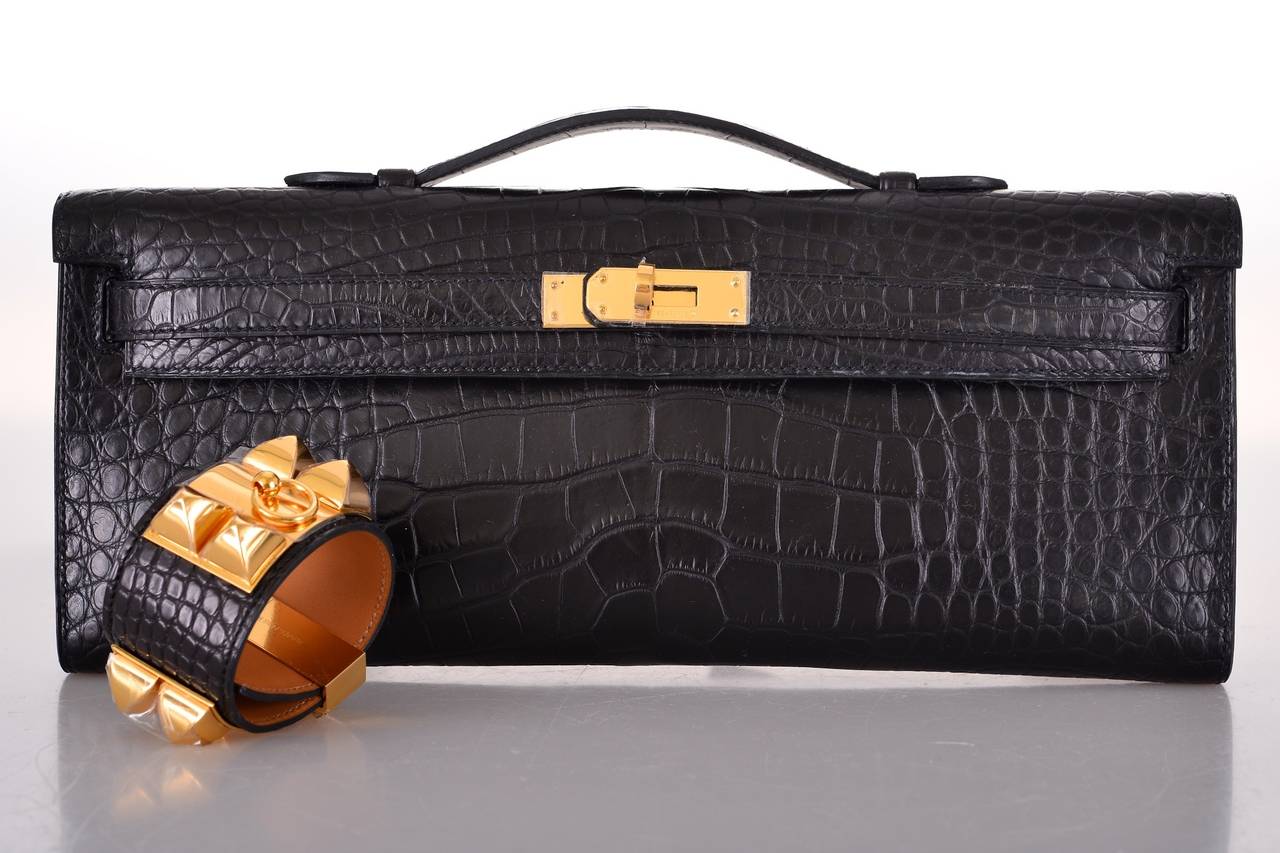 HERMES KELLY BLACK MATTE CROCODILE Bag KELLY CUT CLUTCH POCHETTE ...